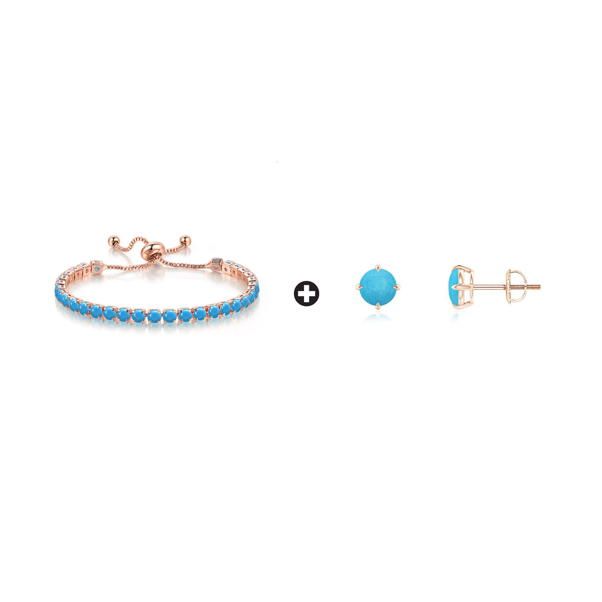 BJ Jewelry 10k Rose Gold 7 Cttw Created Turquoise Round Adjustable Tennis Plated Bracelet and Earrings Set