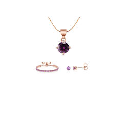 BJ Jewelry Paris Jewelry 18k Rose Gold 6 Ct Round Created Amethyst Set of Necklace, Earrings and Bracelet Plated