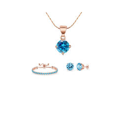 BJ Jewelry Paris Jewelry 10k Rose Gold 7 Ct Round Created Blue Topaz Set of Necklace, Earrings and Bracelet Plated