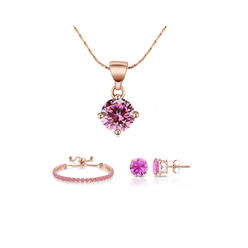 BJ Jewelry 10k Rose Gold Plated 6 Ct Round Created Pink Sapphire Set of Necklace, Earrings and Bracelet Plated