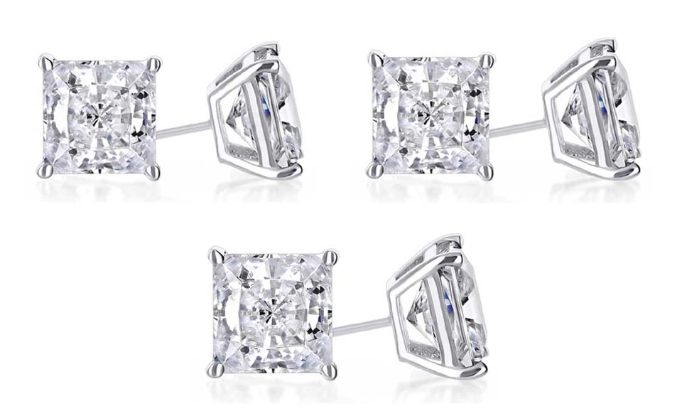 BJ Jewelry 18k White Gold Plated 6mm 4Ct Princess Cut White Sapphire Set Of Three Stud Earrings