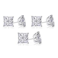 BJ Jewelry 18k White Gold Plated 6mm 4Ct Princess Cut White Sapphire Set Of Three Stud Earrings