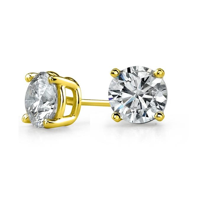 Bonjour Jewelers 14k Yellow Gold 3 Carat 4 Prong Solitaire Round Diamond Stud Earrings.