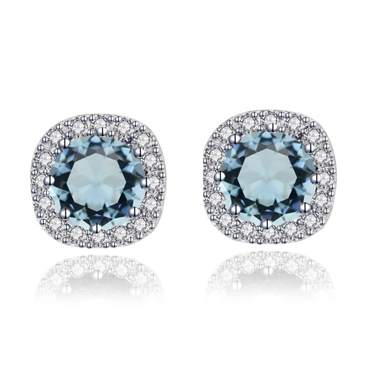 Bonjour Jewelers 14k White Gold 2 Ct Round Created Aquamarine Halo Stud Earrings Plated