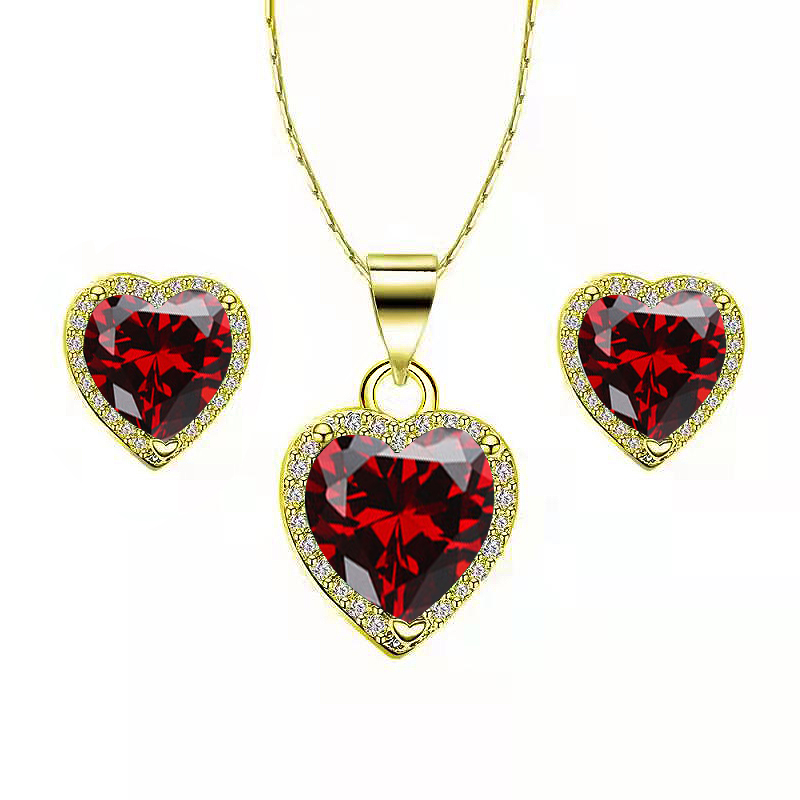 Bonjour Jewelers 14k Yellow Gold Heart 3 Ct Created Garnet Full Set Necklace 18 inch Plated