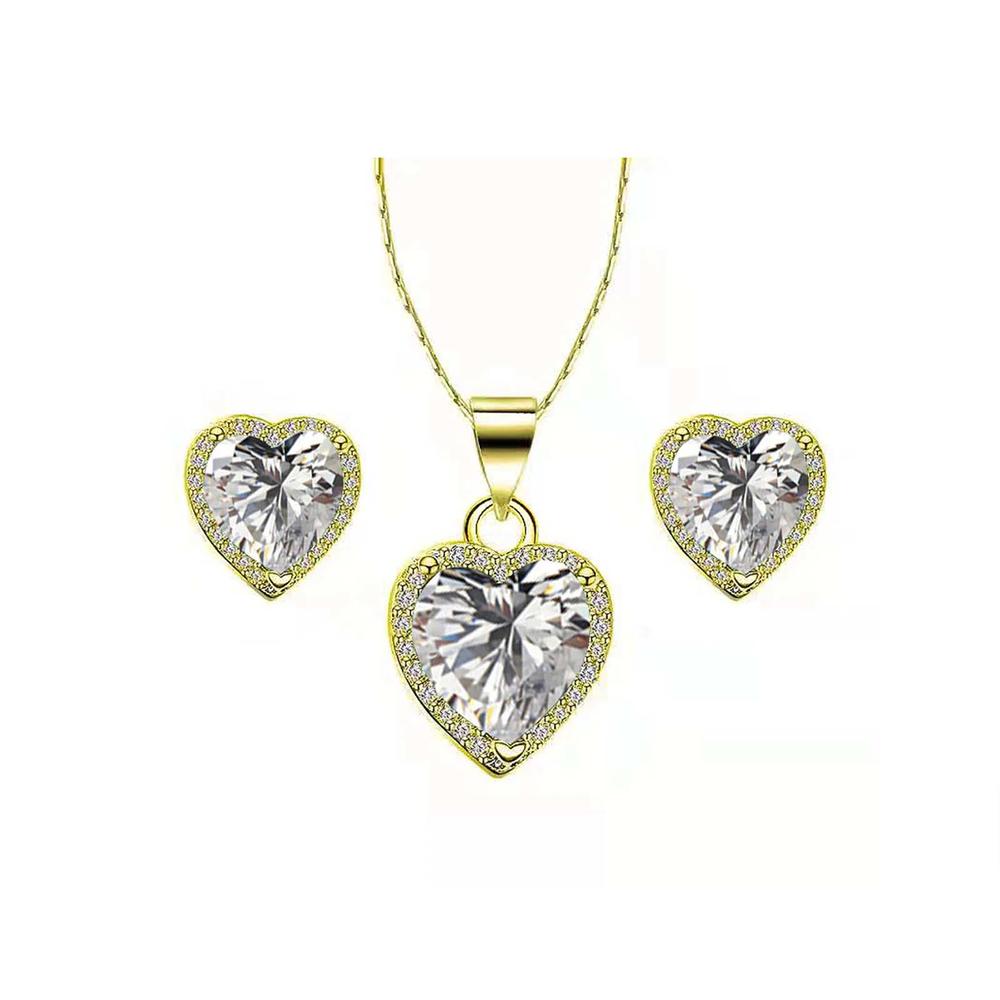 Bonjour Jewelers 18k Yellow Gold Plated Heart 4 Carat Created White Sapphire Full Set Necklace, Earrings 18