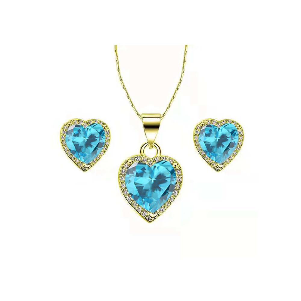 Bonjour Jewelers 18k Yellow Gold Plated Heart 4 Carat Created Blue Topaz Full Set Necklace, Earrings 18 Inch