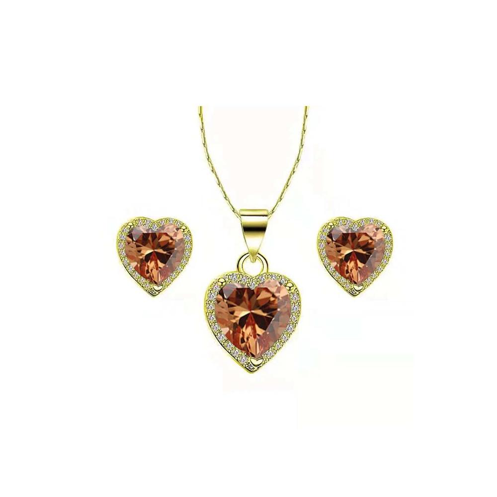 Bonjour Jewelers 18k Yellow Gold Plated Heart 4 Carat Created Tourmaline Full Set Necklace, Earrings 18 Inch