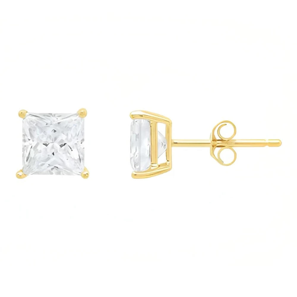 Bonjour Jewelers 18k Yellow Gold 2 Pair Created White Sapphire 6mm Round & Princess Cut Stud Earrings Plated