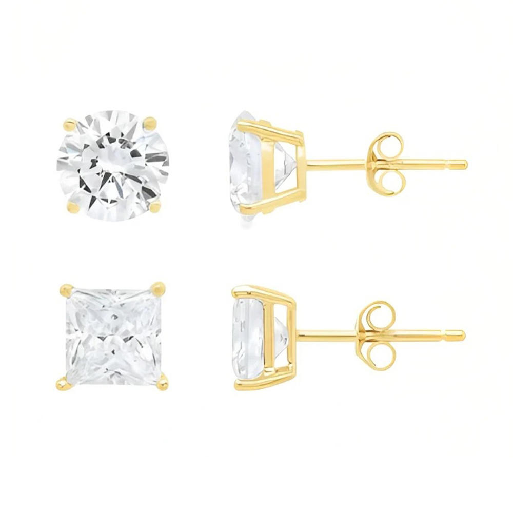 Bonjour Jewelers 18k Yellow Gold 2 Pair Created White Sapphire 6mm Round & Princess Cut Stud Earrings Plated