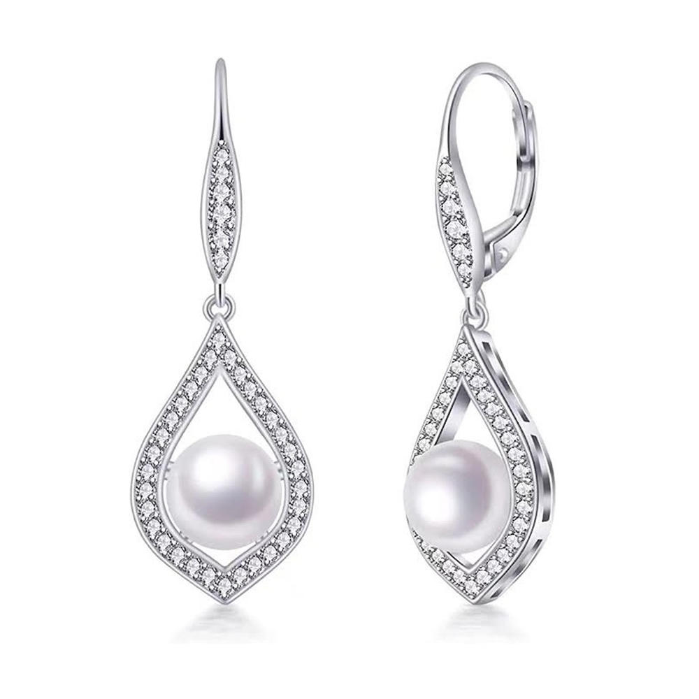 Bonjour Jewelers 18K White Gold Freshwater Lever back Teardrop White Pearl 8mm with Created Sapphire Earrings Plated
