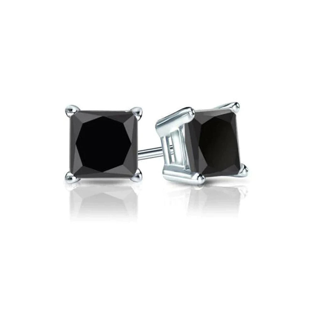 Bonjour Jewelers 14K White Solid Gold Black Diamond Square Stud