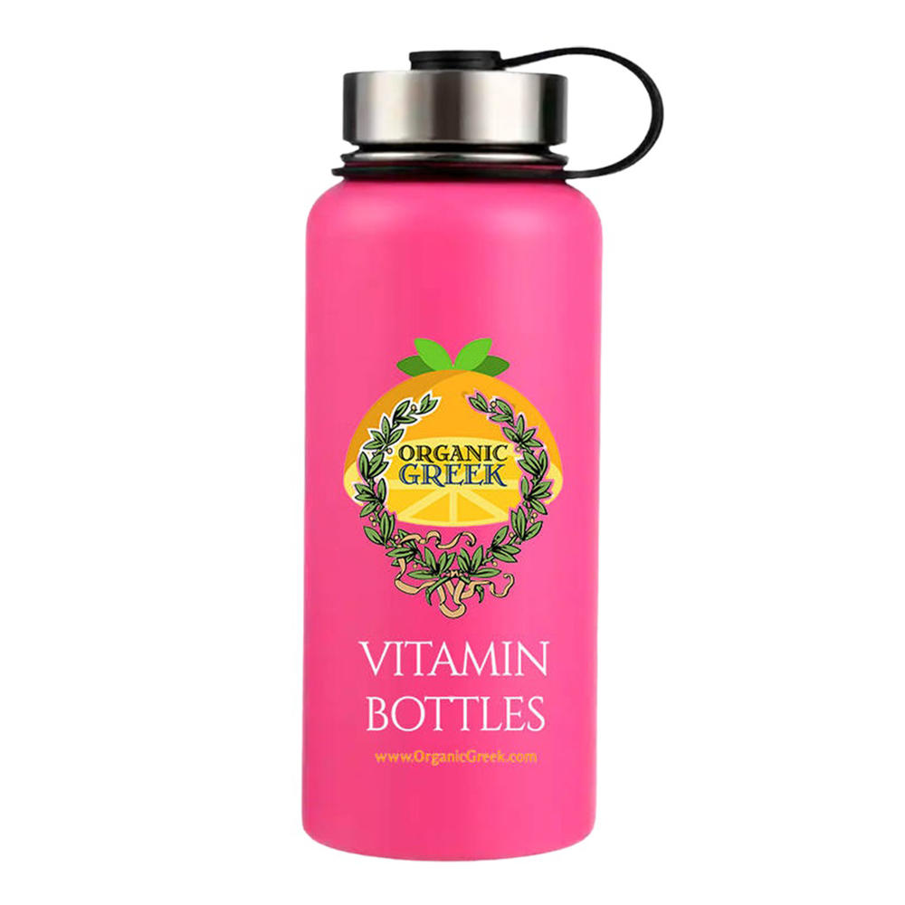 Organic Greek Sports Water Bottle - 28 Oz, Leak Proof - Pink Stainless Steel BPA Free Gym & Bottles For Men, Women & Kids
