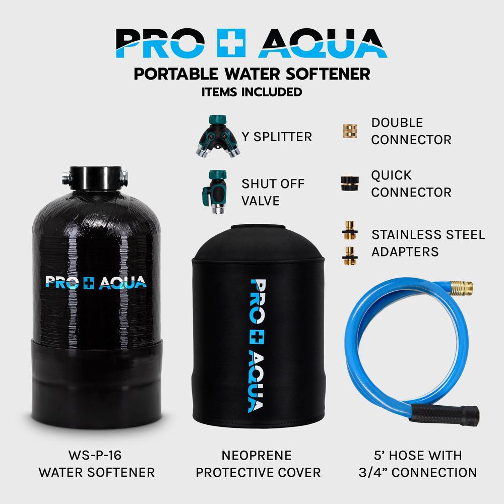 PRO+AQUA Portable RV Water Softener 16,000 Grain PRO Premium Grade, Trailers, Boats, Mobile Car Washing, High Flow 3/4" GH Ports