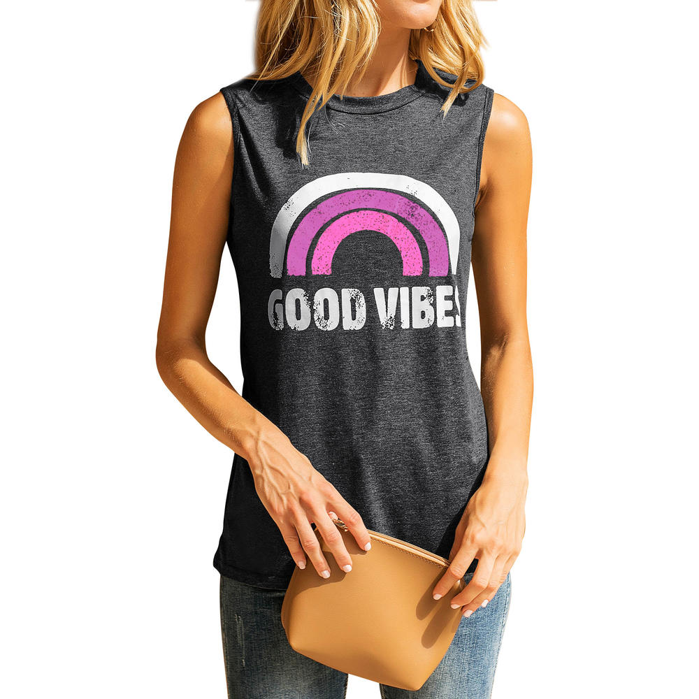 New Women Round Neck GOOD VIBES Letter Rainbow Print Sleeveless T-Shirt
