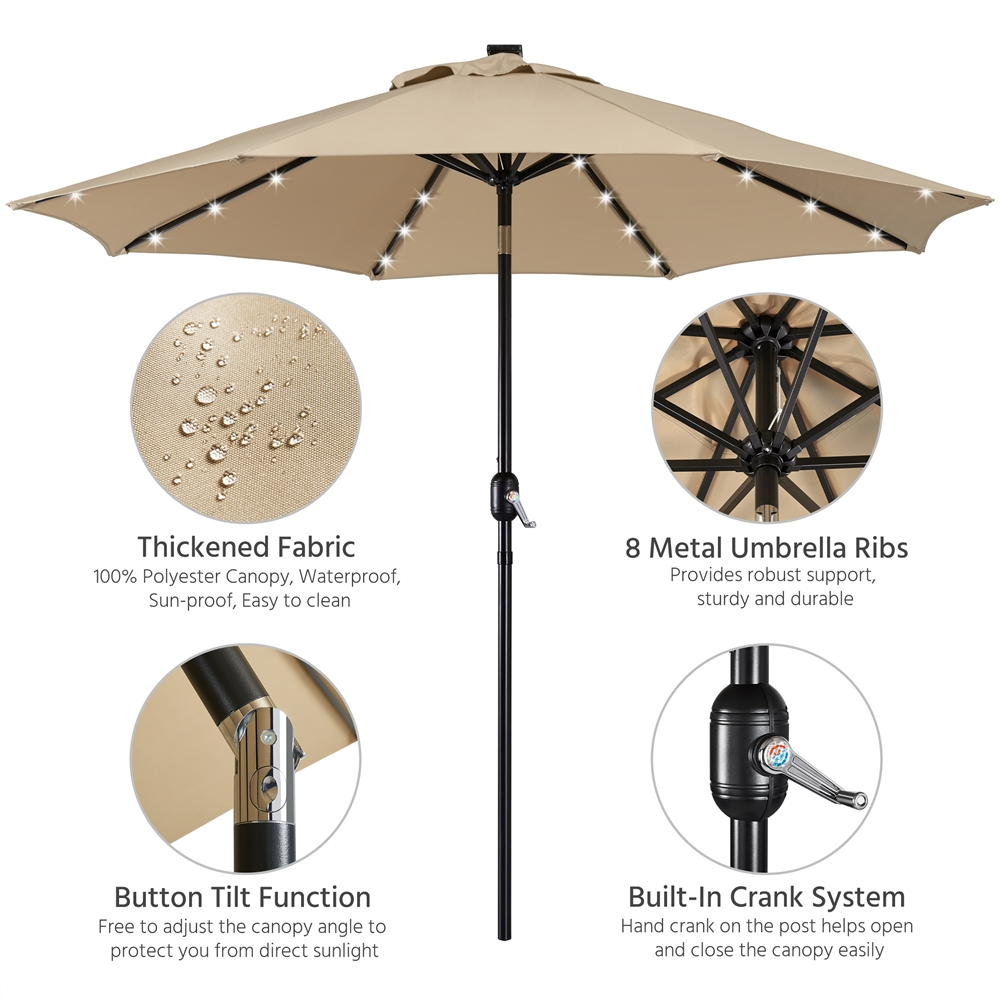 Yaheetech 9FT LED Patio Umbrella Solar Market Umbrella with 8 Ribs Tilt and Crank