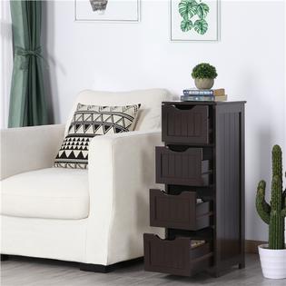 Yaheetech Bathroom Floor Cabinet Wooden Side Storage Organizer Free Standing Cabinet With 4 Drawers For Bedroom Hallway Living Room