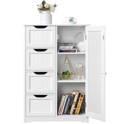 Yaheetech Wooden Bathroom Floor Cabinet, Side Storage Organizer Cabinet with 4 Drawers and 1 Cupboard, White