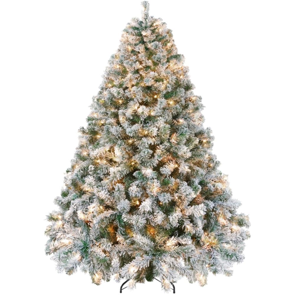 Yaheetech 7.5’ Pre-lit Flocked Artificial Christmas Tree Snow Frosted Christmas Tree with Foldable Stand and Warm Lights