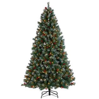 Yaheetech 7 5 Pre Lit Snow Frosted Artificial Christmas Tree With Red Berries Snow Dusted Christmas Tree With Warm Lights
