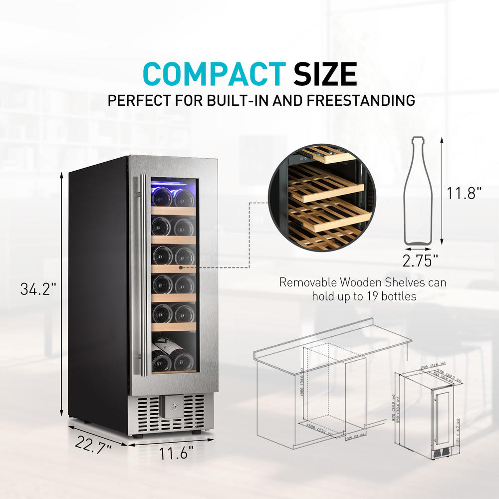 Moprem Home 12 inch Wine Cooler Refrigerator 18 Bottle Builtin or