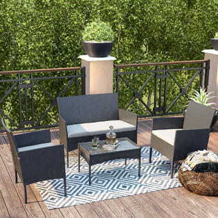 Moprem Home Ss3063 4 Piece Patio Furniture Sets Outdoor Conversation Set Pool Backyard Lawn Use Black Wicker Beige Cushions