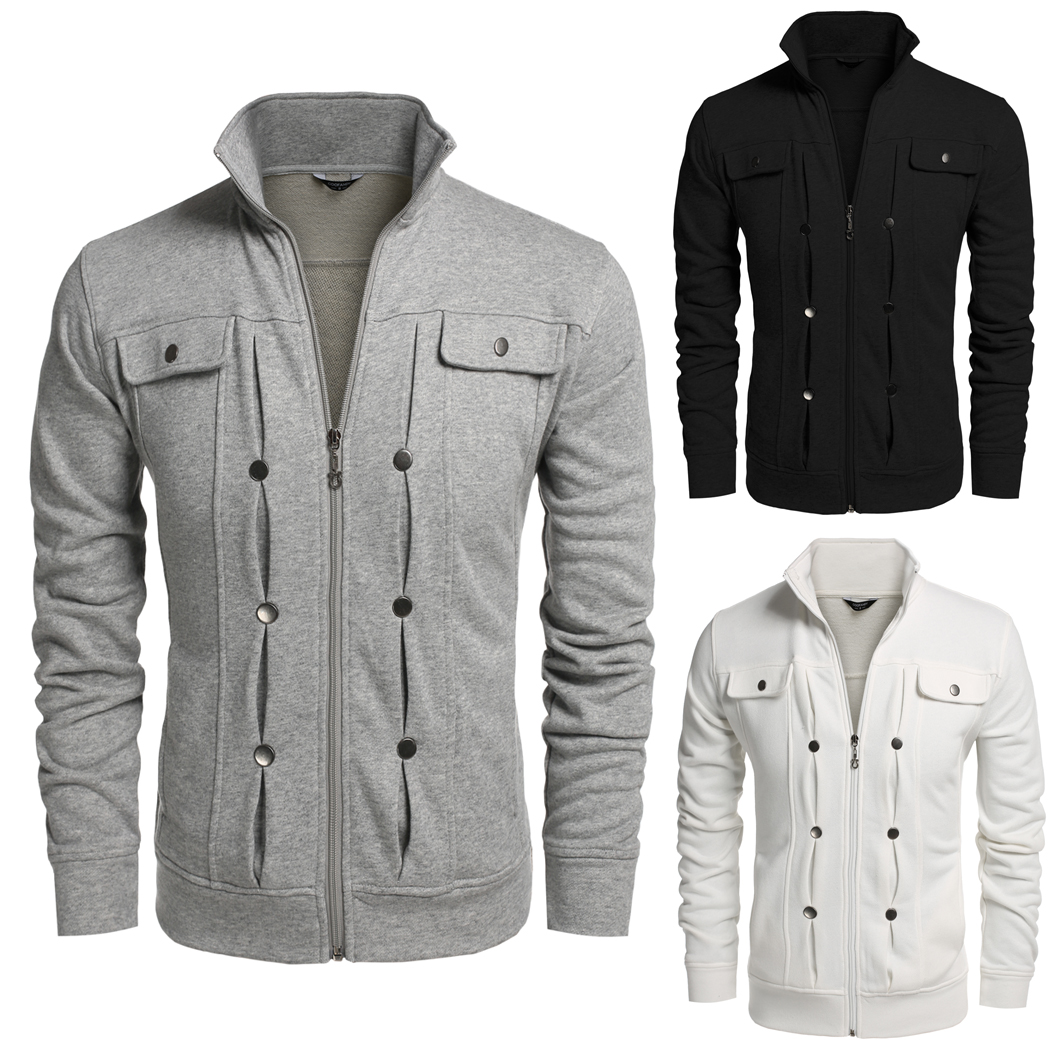 Skyling Men's Causal Jacket Stand Collar Long Sleeve Solid Cotton ...