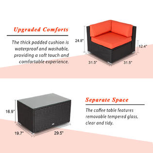 Reos005or Kinbor 7pcs Outdoor Patio Furniture Sectional Pe Wicker Rattan Sofa Set Inclined Backrest Orange