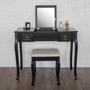 Kinbor Vanity Makeup Dressing Table Set Flip Top Mirror Stool 2 Drawer Desk Black