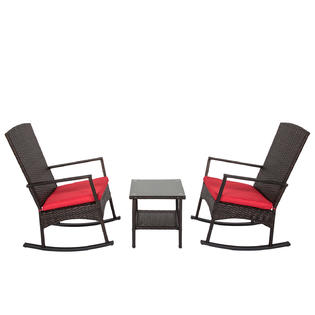 Reoc005rd Kinbor 3 Pcs Patio Rattan Rocking Chairs Outdoor Sectional Furniture Wicker Rocker With Table Cushions For Garden Lawn