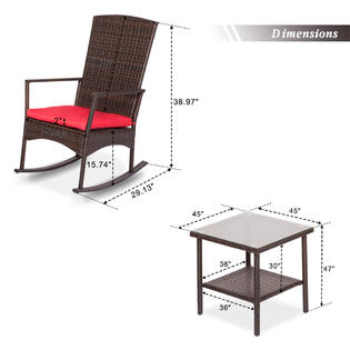 Reoc005rd Kinbor 3 Pcs Patio Rattan Rocking Chairs Outdoor Sectional Furniture Wicker Rocker With Table Cushions For Garden Lawn