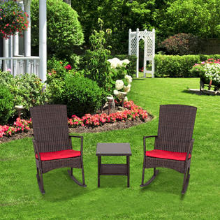 Reoc005rd Kinbor 3 Pcs Patio Rattan Rocking Chairs Outdoor Sectional Furniture Wicker Rocker With Table Cushions For Garden Lawn