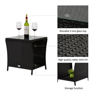 Kinbor Black Outdoor Square Wicker Rattan Side Coffee Table W Glass Top Patio Furniture With Storage Shelf