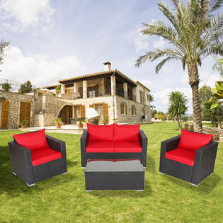 Reos004rd Kinbor 4pcs Pe Rattan Sofas Outdoor Lawn Patio Pool Garden Furniture Set W Cushions Red