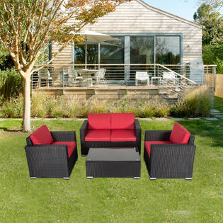 Reose04rd Kinbor Rattan Patio Sofa 4 Piece Outdoor Furniture Set Garden Lawn Sofa Sectional Set With Cushion Red