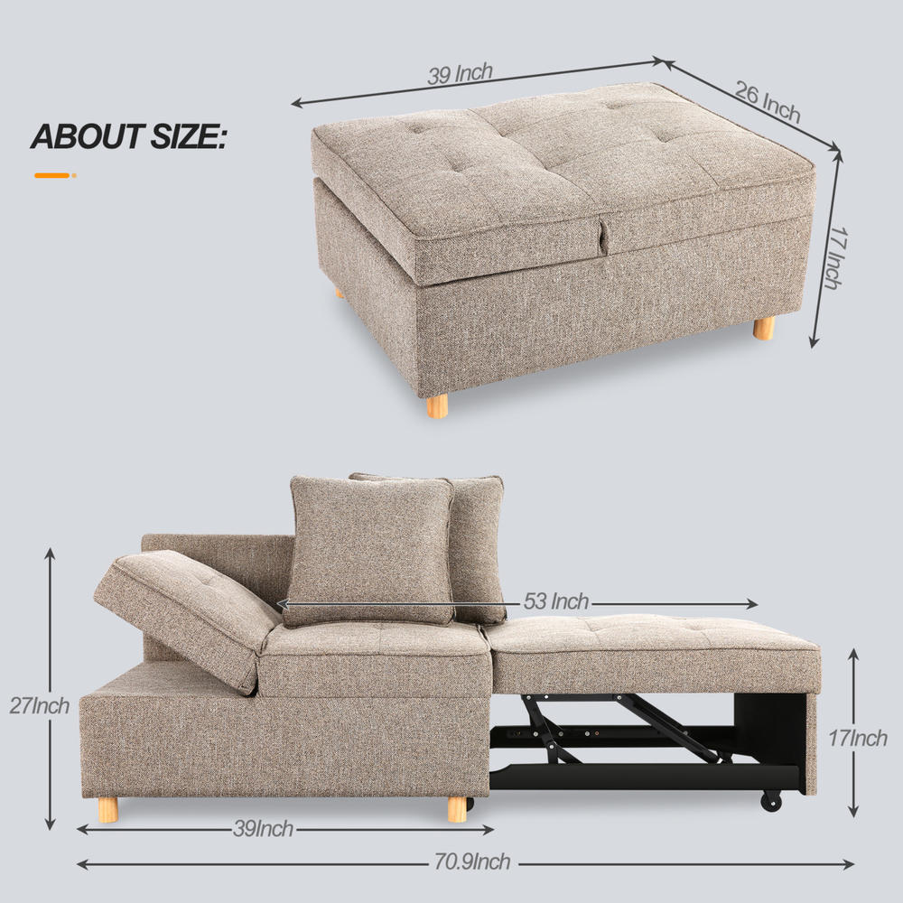 SEJOV Sofa Bed Chair 4-in-1 Folding Sleeper Chair Sofa,3-Seat Linen Fabric Love Seat Sofa with 2 Throw Pillow,Single Recliner Couch