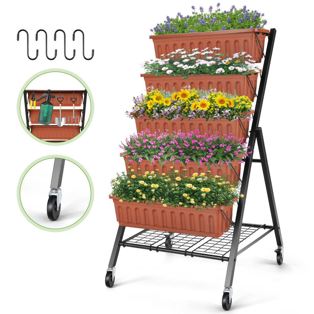 SEJOV 4FT 5-Tier Vertical Raised Garden Bed w/Lockable Caster Wheels&3 Storage Racks&4 Small Hooks,for Vegetables,Herbs,Flowers,etc.