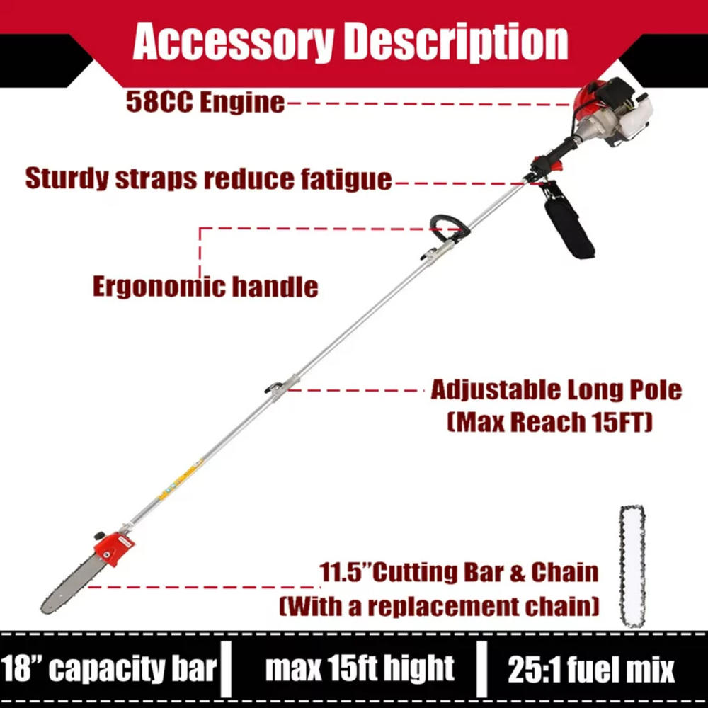 COOCHEER 58CC Powerful Gas Pole Saw,Reach to 16FT Extendable,2-Cycle Cordless Chainsaw Tree Pruning Saw for Tree Trimming&Branch Cutting