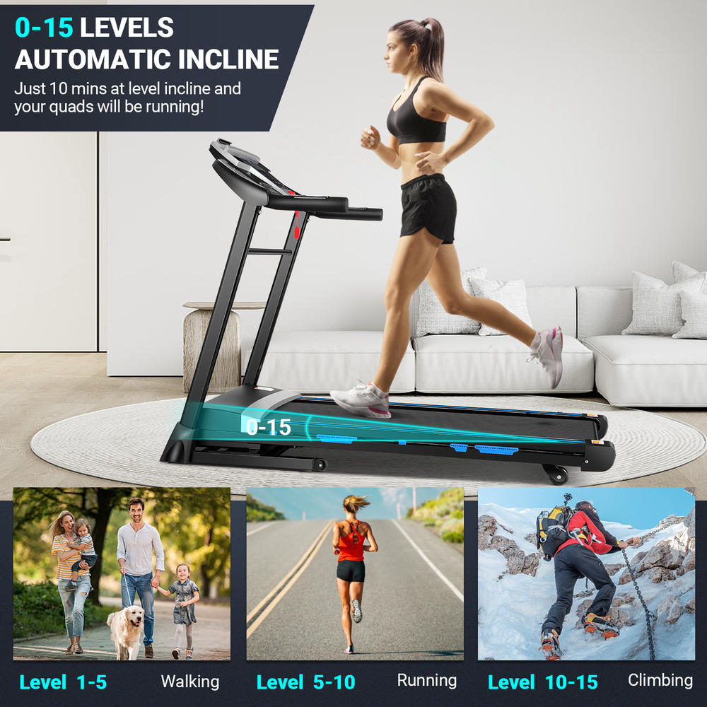 Generic Treadmill 300lb Capacity,3.25 HP 15-Level Auto Incline Electric Folding Treadmill with APP&Bluetooth Speaker for Home Office Gym