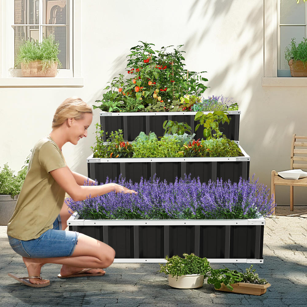 SEJOV 3 Tiers Large Metal Raised Garden Bed,Deep Root Box Planter w/Gloves&Reinforced Frame,3 Installation Methods,for Vegetables,etc