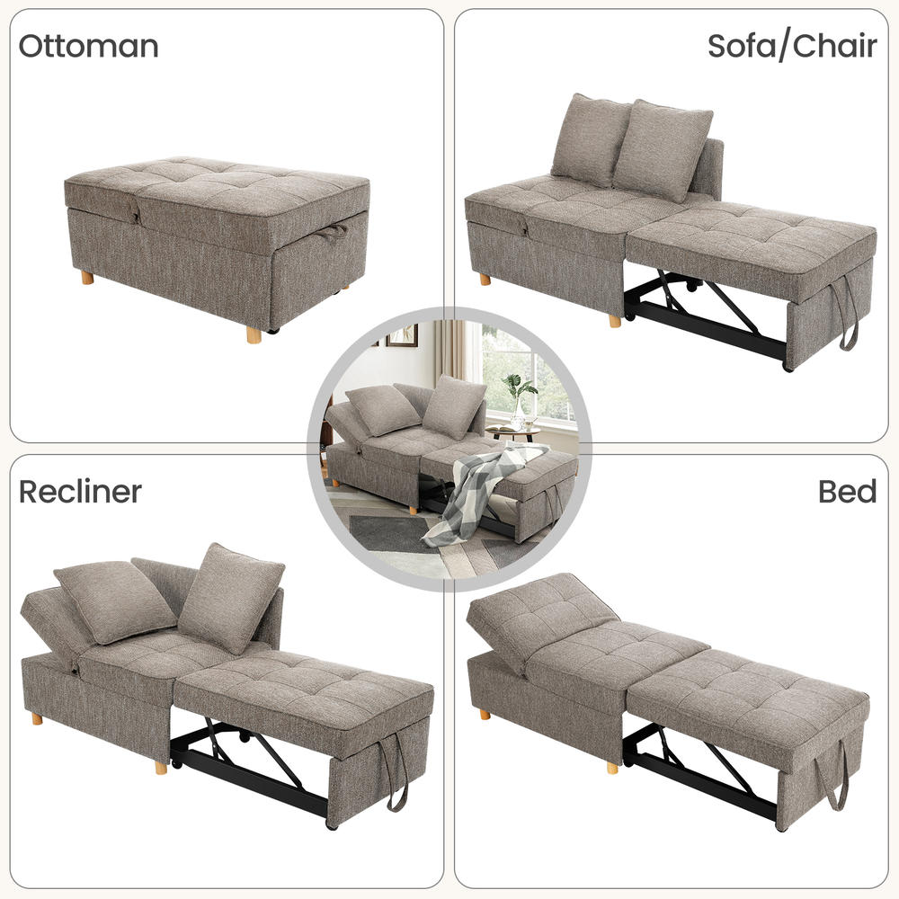 SEJOV Sofa Bed 4-In-1 Convertible Sofa&Couche,3-Seat Linen Fabric Loveseat Sofa/Single Recliner W/2 Throw Pillow&5 Adjustable Backrest