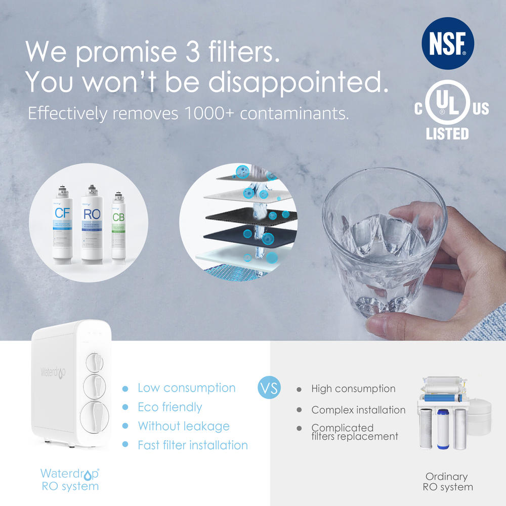 Waterdrop Tankless 400 GPD RO Reverse Osmosis Drinking Water Filtration System, NSF Certified, 1:1 Drain Ratio, Smart Faucet