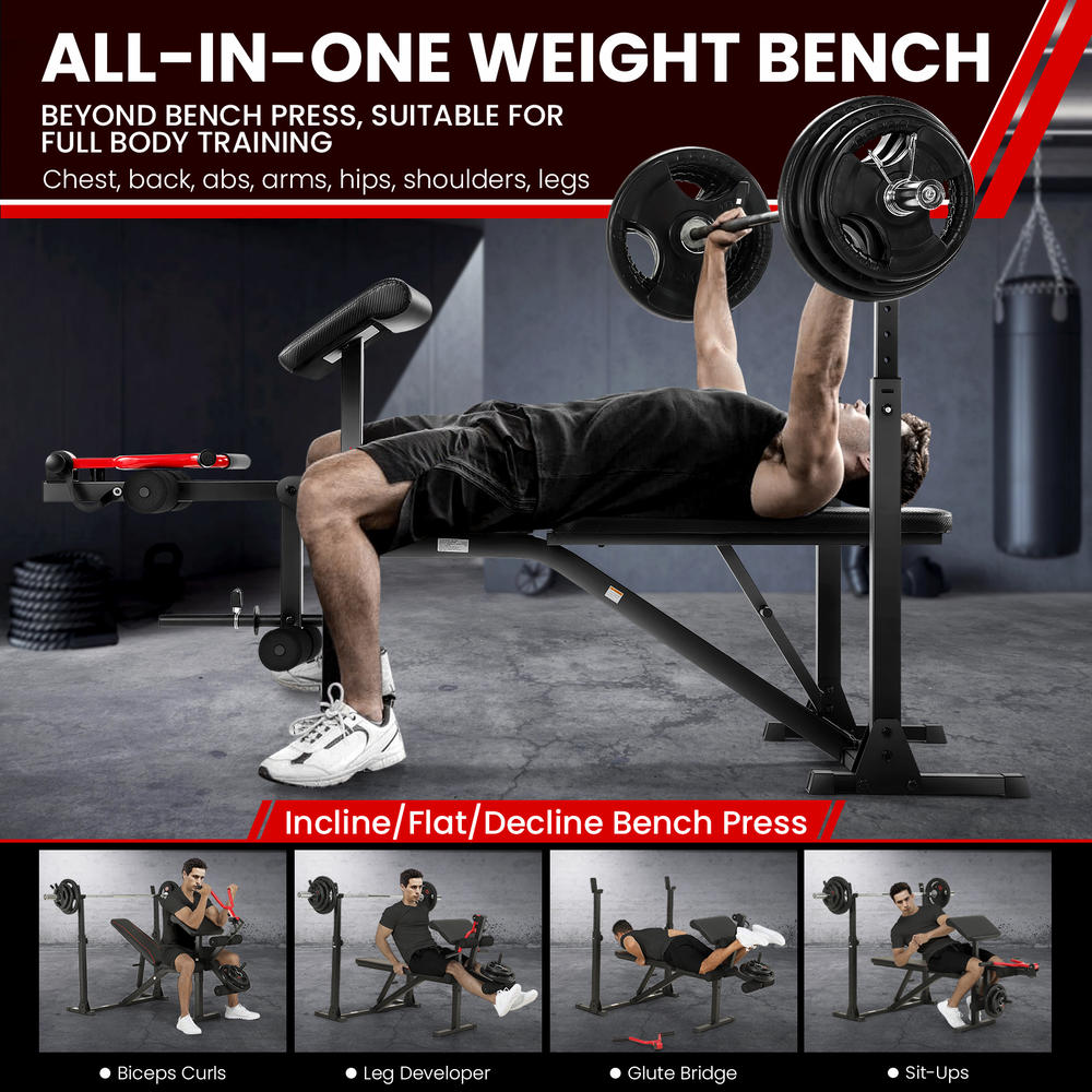 Generic 900LBS Adjustable Weight Bench Set w/Squat Rack with Leg Extension Bench Press Set Sit up Incline Flat Decline Workout Benches