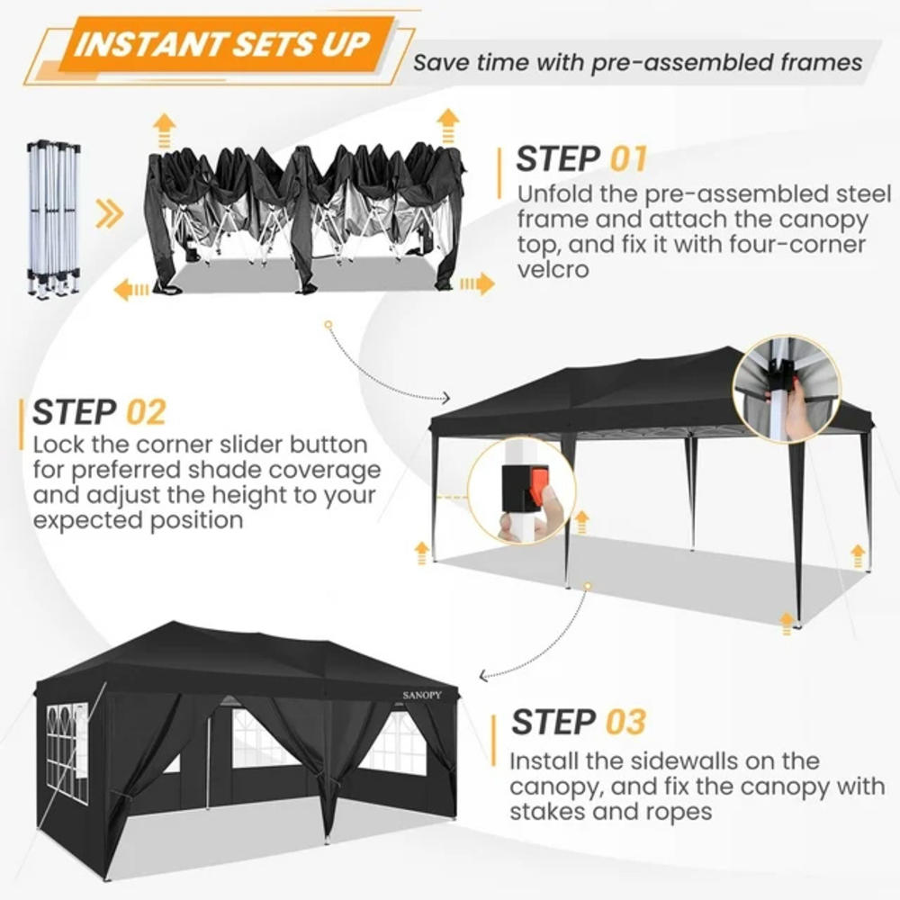 Generic 10' x 20' Pop-up Canopy Tent Commercial Instant Shelter Outdoor Beach Camping with 6 Sidewalls for Parties Gazebo with Carry Bag