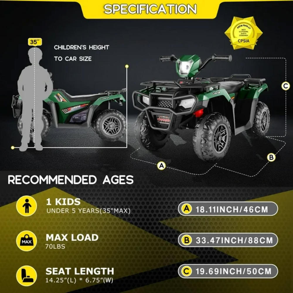 Funcid 12V Kids Ride on ATV 4-Wheeler Quad Battery Powered E-Car w High/Low Speed,2X30W Motor,Treaded Tire,Soft Braking,LED Light,Music