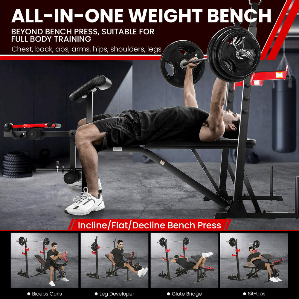 oppsdecor Adjustable Weight Bench 900LBS Olympic Weight Bench Set w/Squat Rack, Preacher Curl, Leg Extension Full Body Workout Bench Press