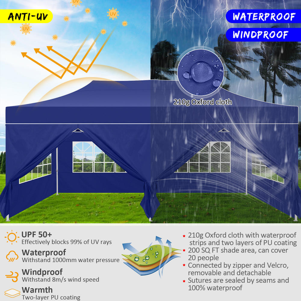 COBIZI 10x20 Pop up Canopy w/ 6 Sidewalls&Windows, Portable Waterproof Heavy Duty Commercial Patio Canopy Tent w/Roller Bag& 4 Sandbags