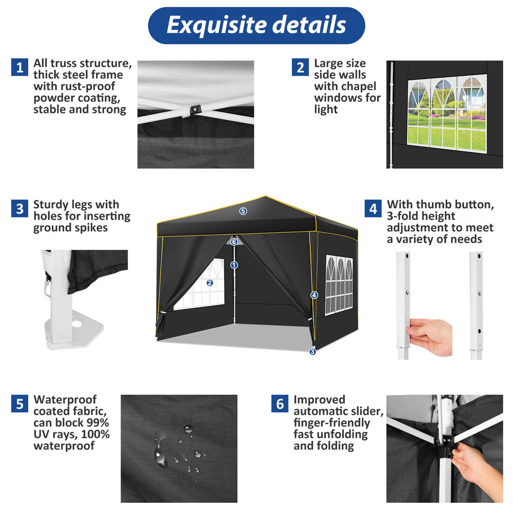 Generic 10’x10’ Pop Up Canopy, UV& Rain Resistant Instant Tent w/4 Removable Sidewalls&Windows, Outdoor Gazebo w/4 Stakes&Ropes&Sandbags