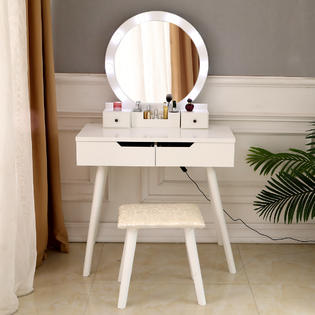 Bestdeal Dressing Table With Single Round Mirror With Bulb 4 Drawers Bedroom Vanity Sets Dressing Stool White,Graphic Design Competitions 2017