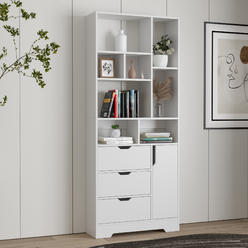 Generic White Wooden Bookcase, Storage Cabinet with Eight Open Shelves and Three Drawers for Living Room Bedroom Home Office